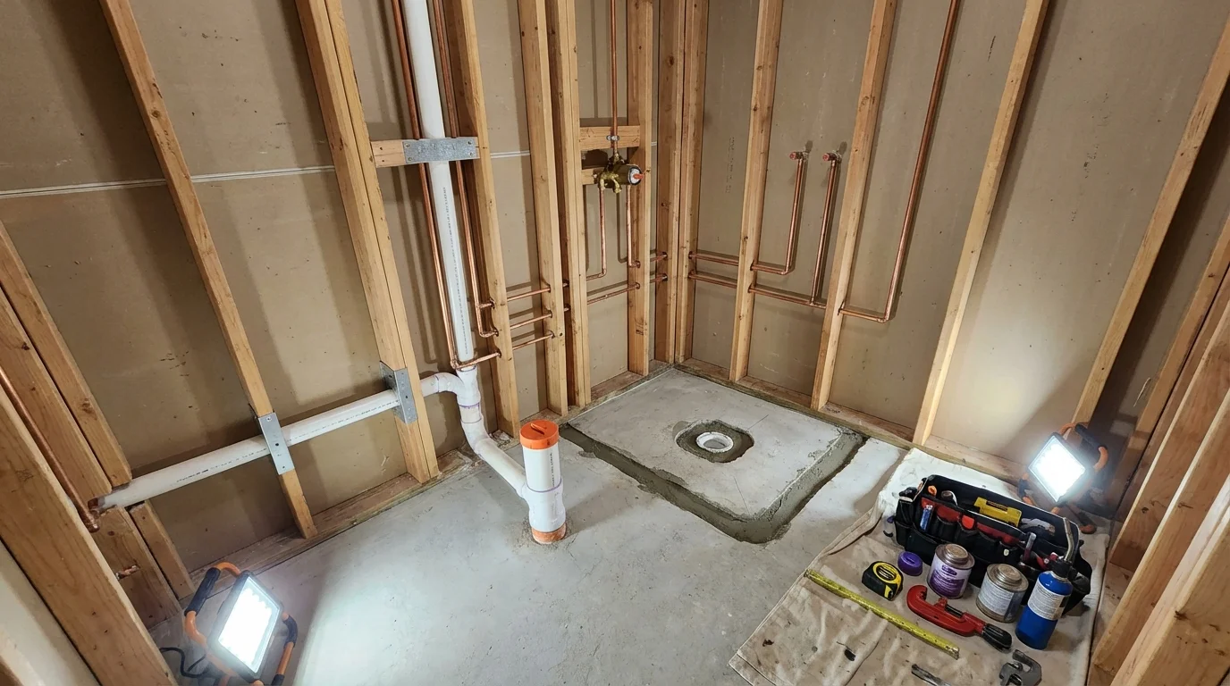 Bathroom rough-in plumbing during remodel by Johns Plumbing LLC in Chevak