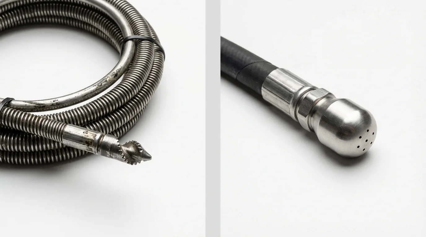 Drain snake cable and hydro jetting nozzle used for drain cleaning in Chevak, AK
