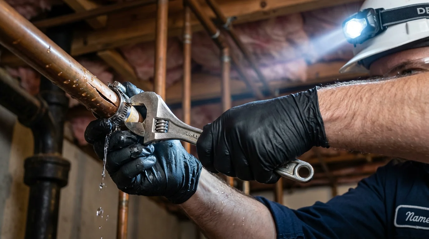 Emergency pipe clamp repair being performed by a Johns Plumbing LLC plumber in Chevak