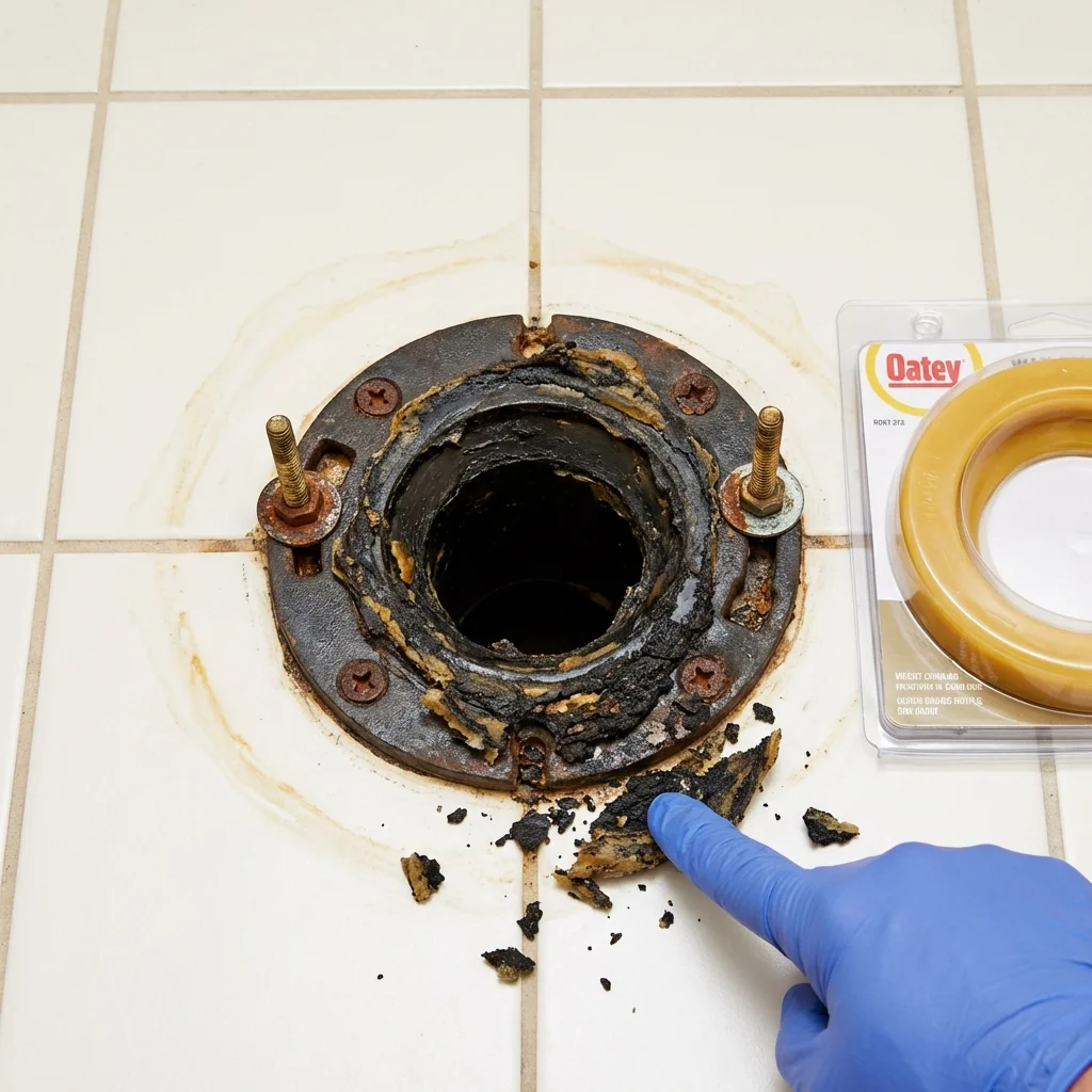 Failed wax ring showing water seepage at the base of a toilet in a Chevak, AK home